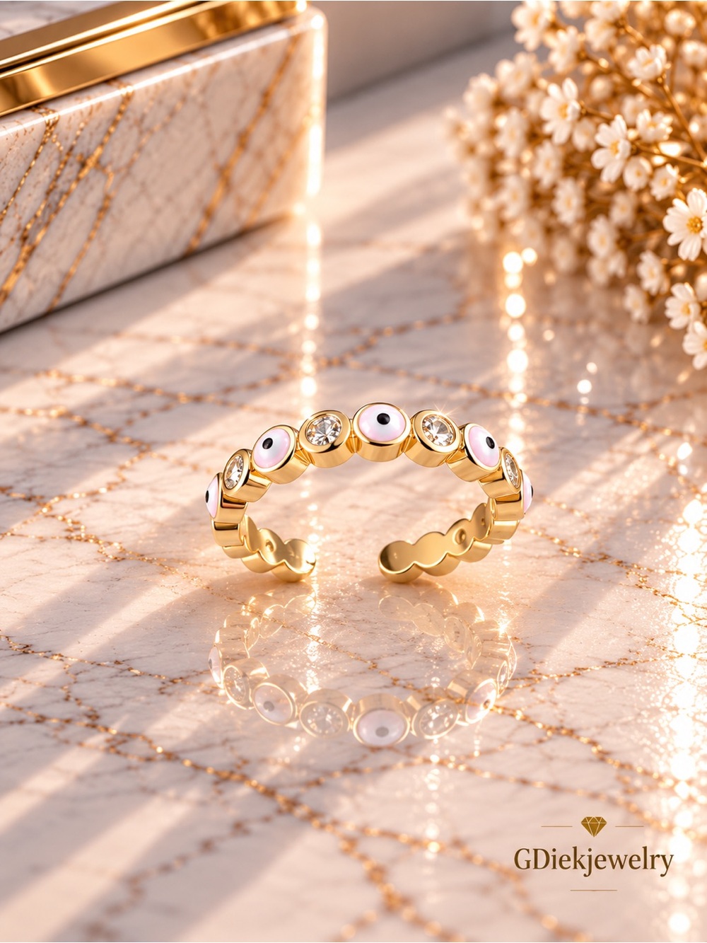 Gold Filled Adjustable Pink Evil Eye Open Band Ring